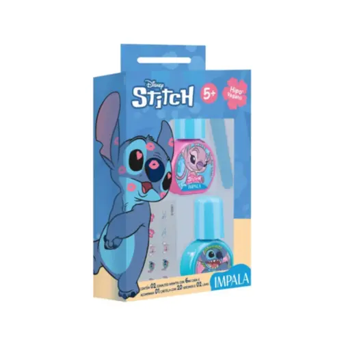 Kit infantil Impala 2 Esmaltes (infantil à base de água e adulto), 1 lixa e 1 cartela de adesivos Stitch Com 4 unidades