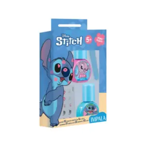 Kit infantil Impala 2 Esmaltes (infantil à base de água e adulto), 1 lixa e 1 cartela de adesivos Stitch Com 4 unidades