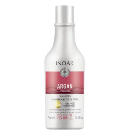 Shampoo controle de queda Inoar Argan Infusion fortalece os fios, reduz a quebra e estimula o crescimento Com 500 ml