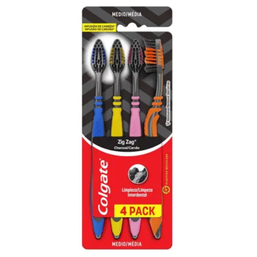 Escova Dental Colgate Zig Zag Carvão 16 Fhs Pack com 4 unidades