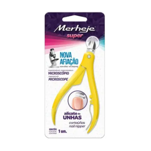 Alicate para Cutículas Merheje Super amarelo com espátula aço inox ponta afiada esterilizável Com 1 unidade