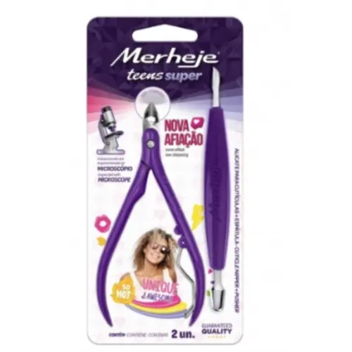 Alicate para Cutículas Merheje Teens violeta com espátula Merheje Com 1 unidade